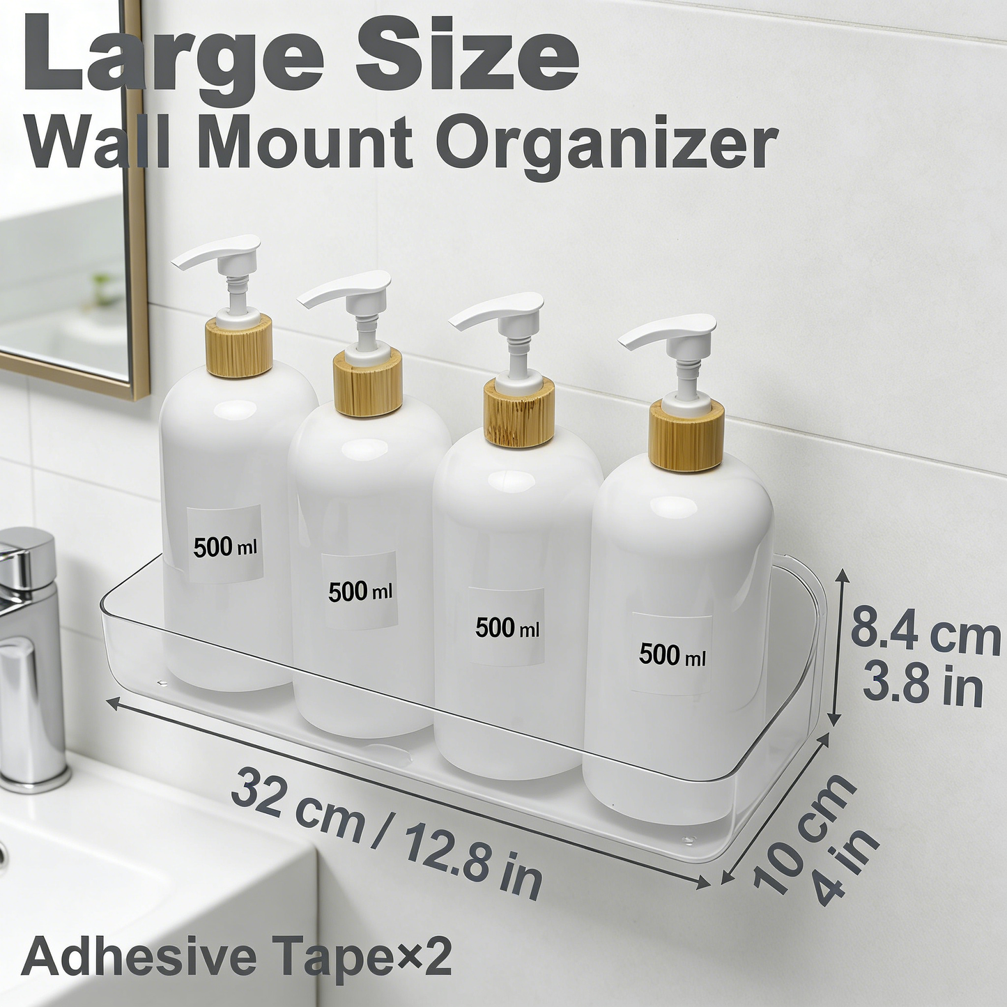 No-Drill Adhesive Wall Mounted Shower Caddy, Large Clear Plastic Organizer