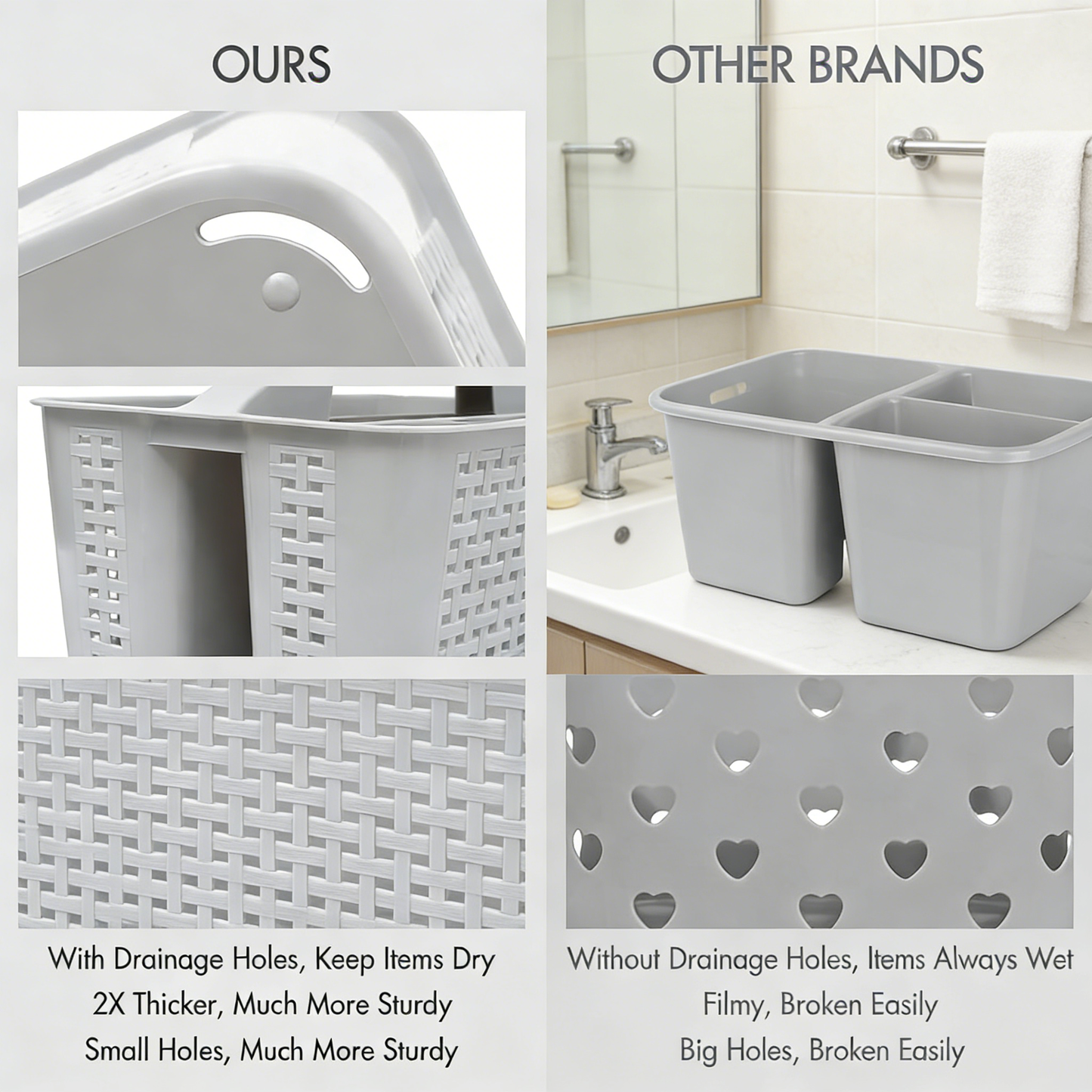 Plastic Shower Caddy with Divided Compartments & Drainage Holes