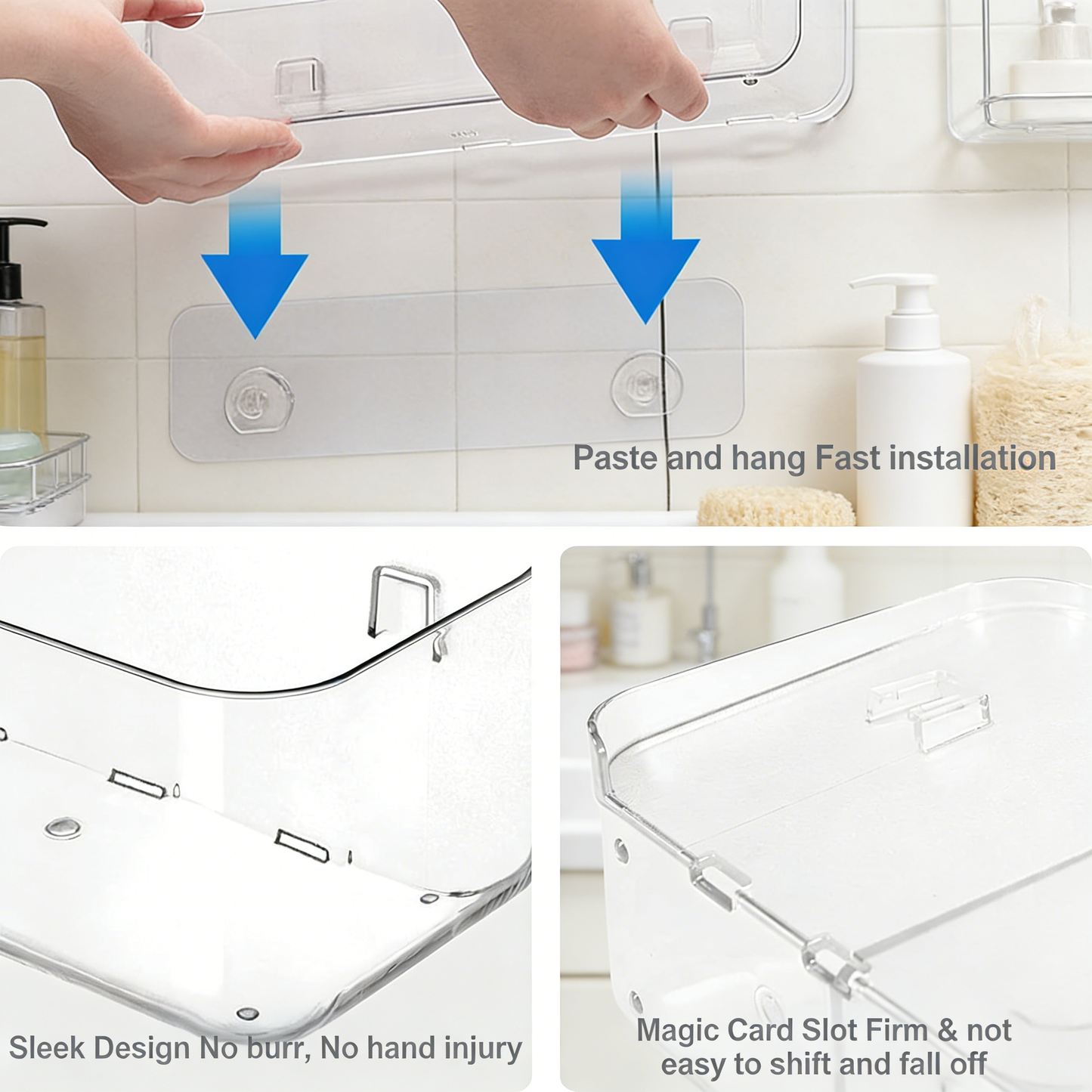 No-Drill Adhesive Wall Mounted Shower Caddy, Large Clear Plastic Organizer
