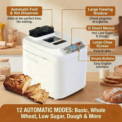 Automatic Bread Maker with Fruit & Nut Dispenser – 12-in-1 Bread Machine for Homemade Bread