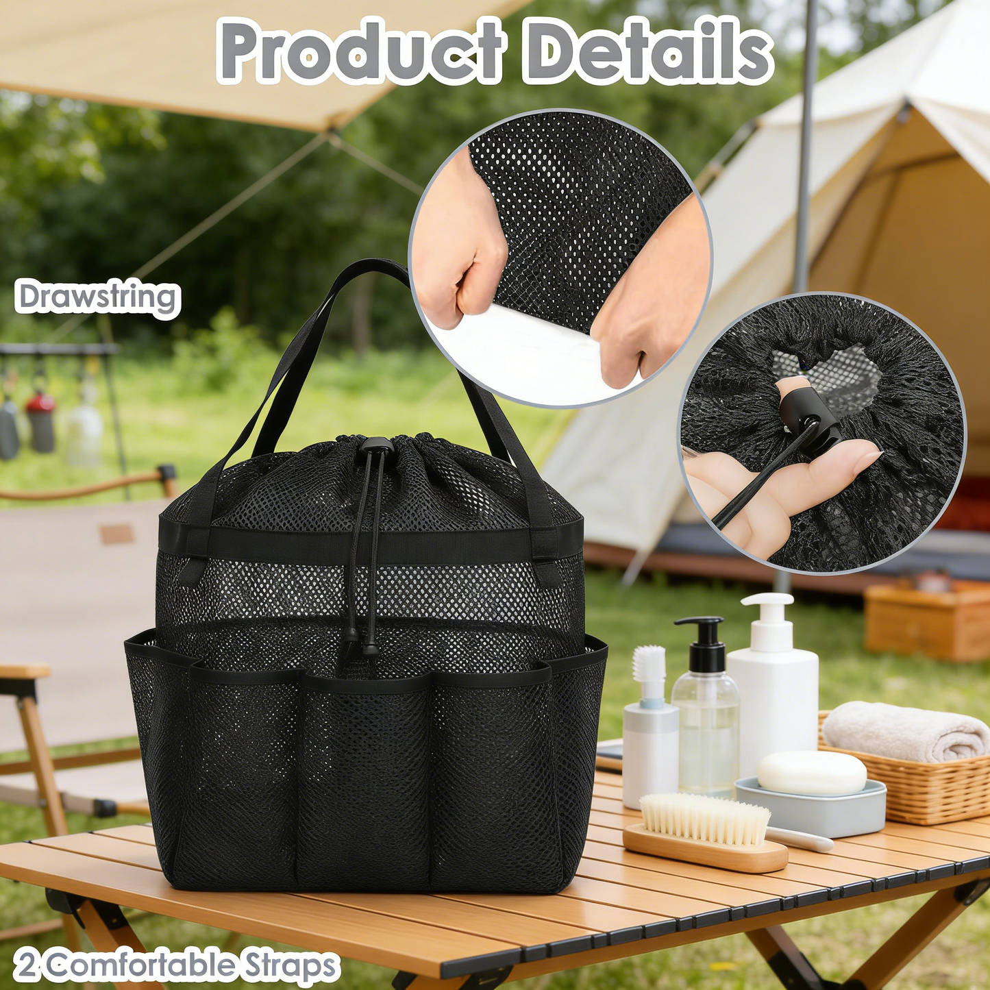 Oversized Mesh Shower Tote with 8 Pockets & Drawstring Closure