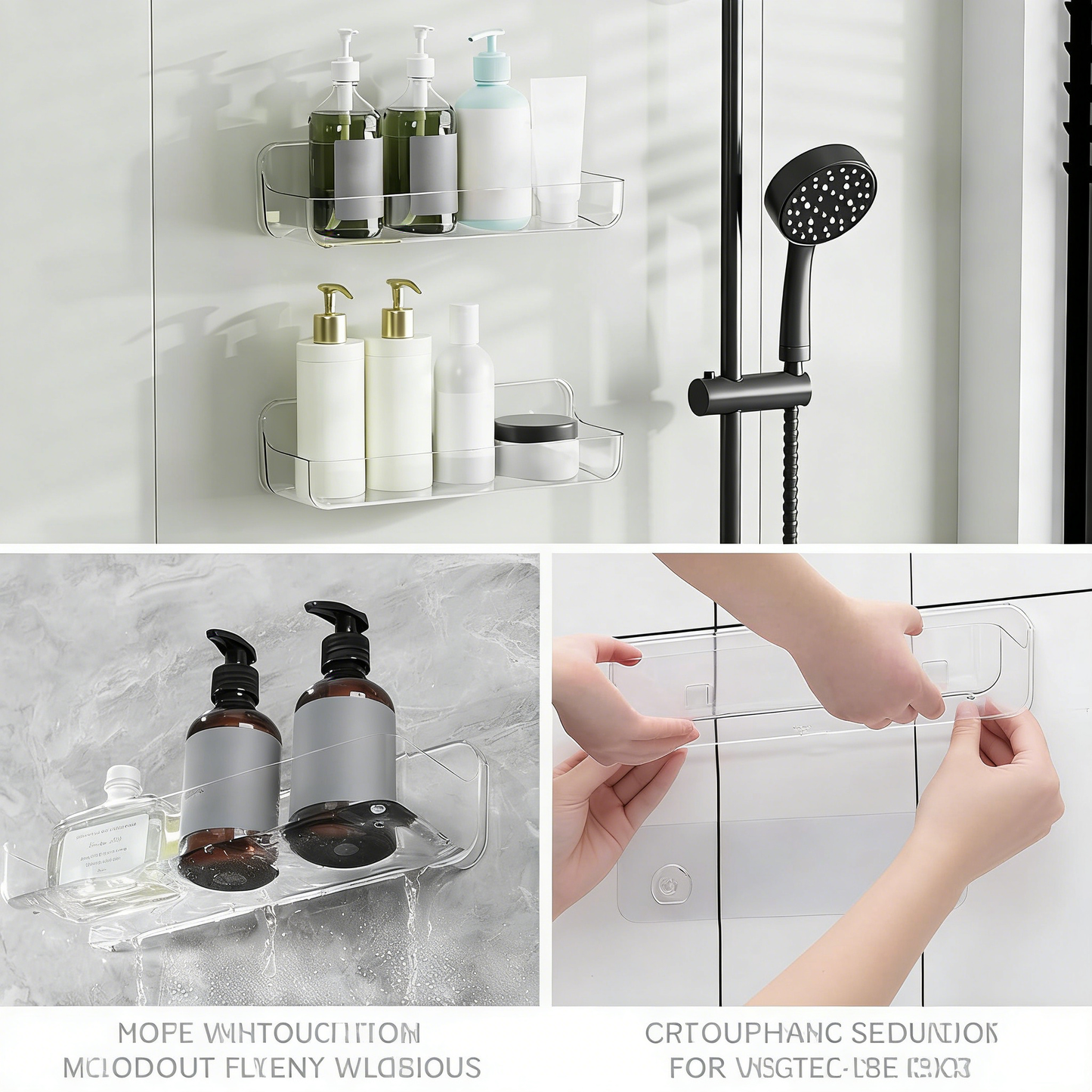 No-Drill Adhesive Wall Mounted Shower Caddy, Large Clear Plastic Organizer