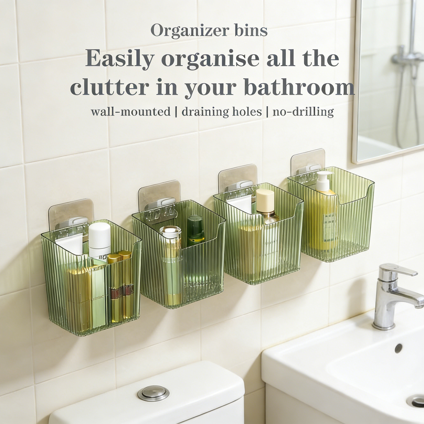No-Drill Wall Mounted Storage Bins, Stackable PET Organizer for Home & Bathroom
