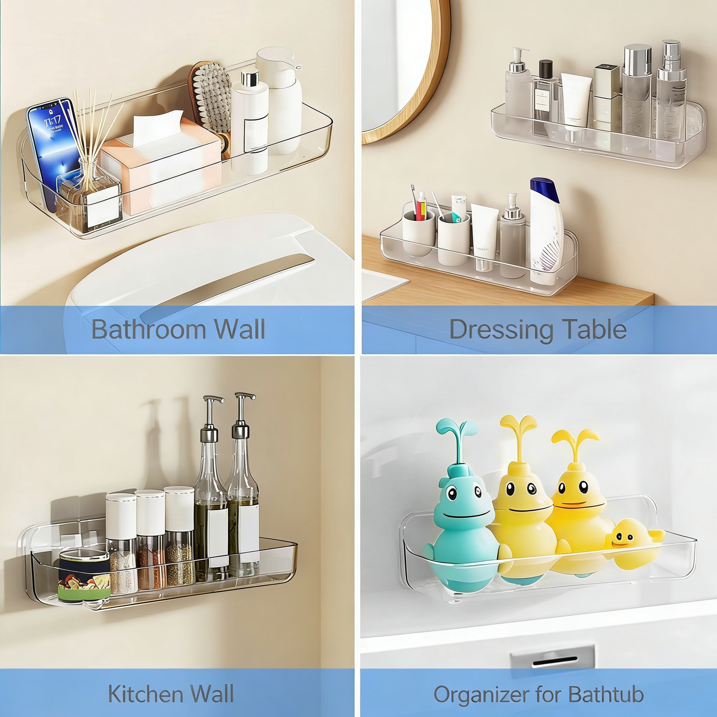 No-Drill Adhesive Wall Mounted Shower Caddy, Large Clear Plastic Organizer