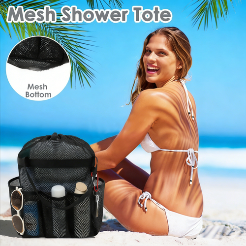Oversized Mesh Shower Tote with 8 Pockets & Drawstring Closure
