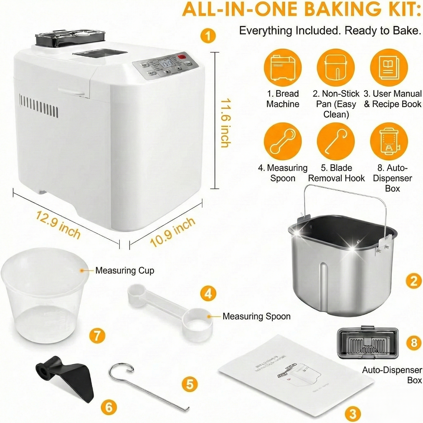 Automatic Bread Maker with Fruit & Nut Dispenser – 12-in-1 Bread Machine for Homemade Bread