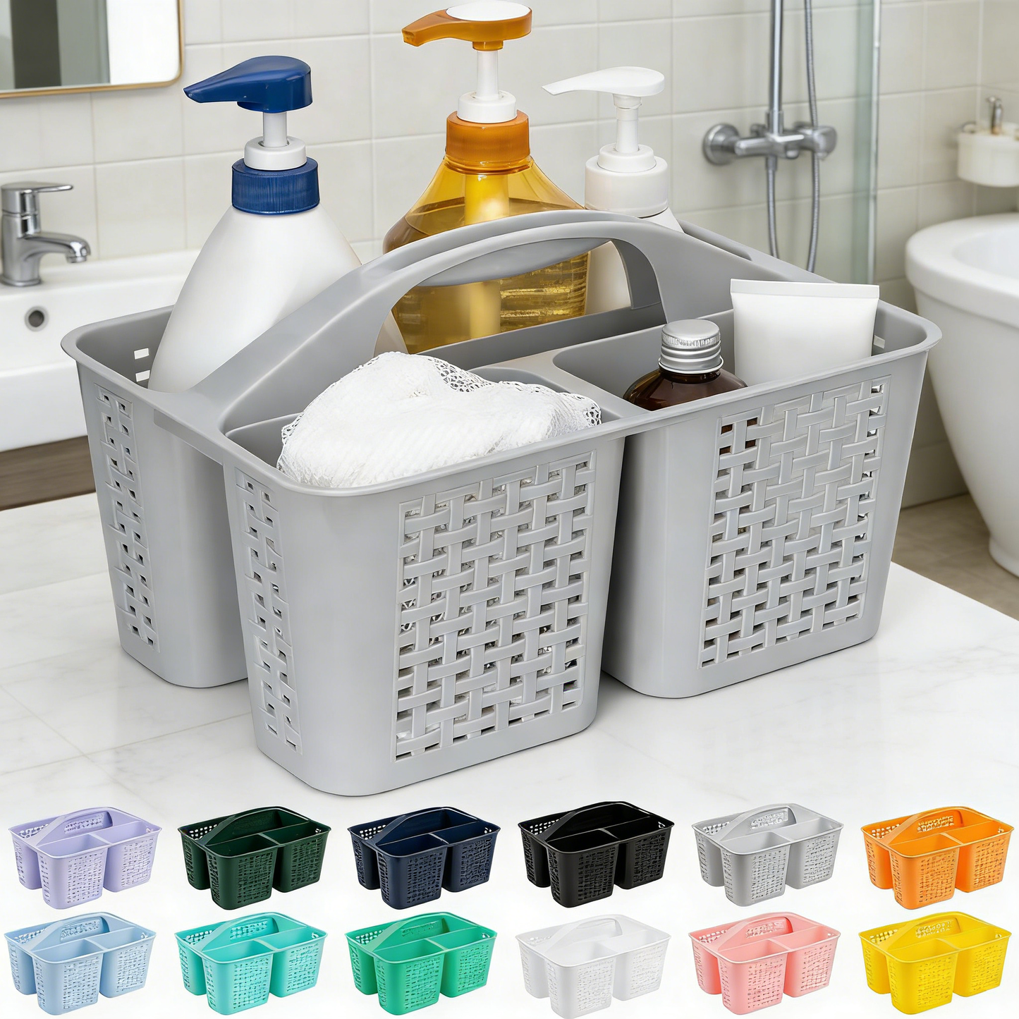 Plastic Shower Caddy with Divided Compartments & Drainage Holes