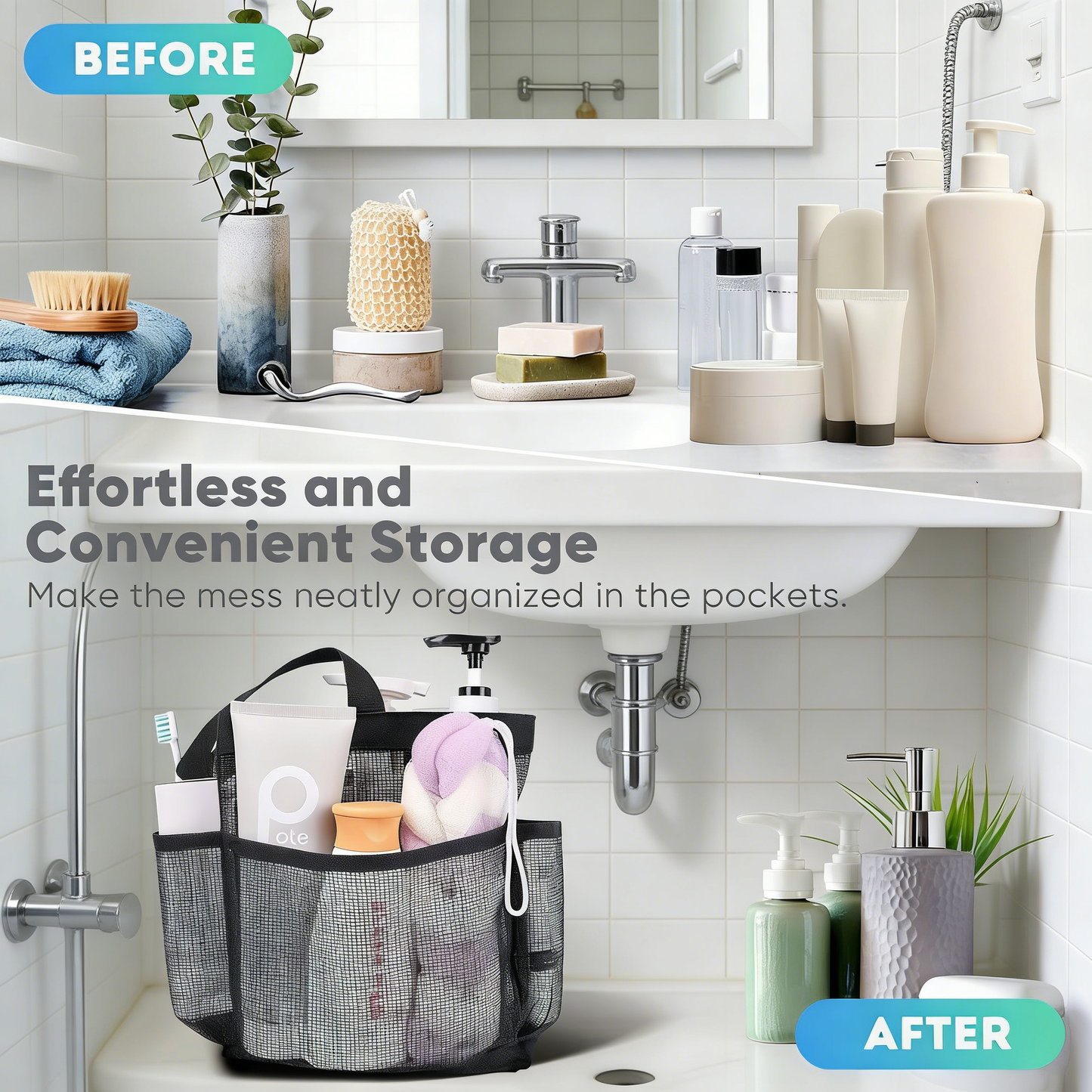 Portable Mesh Shower Caddy Tote Bag with Multiple Pockets