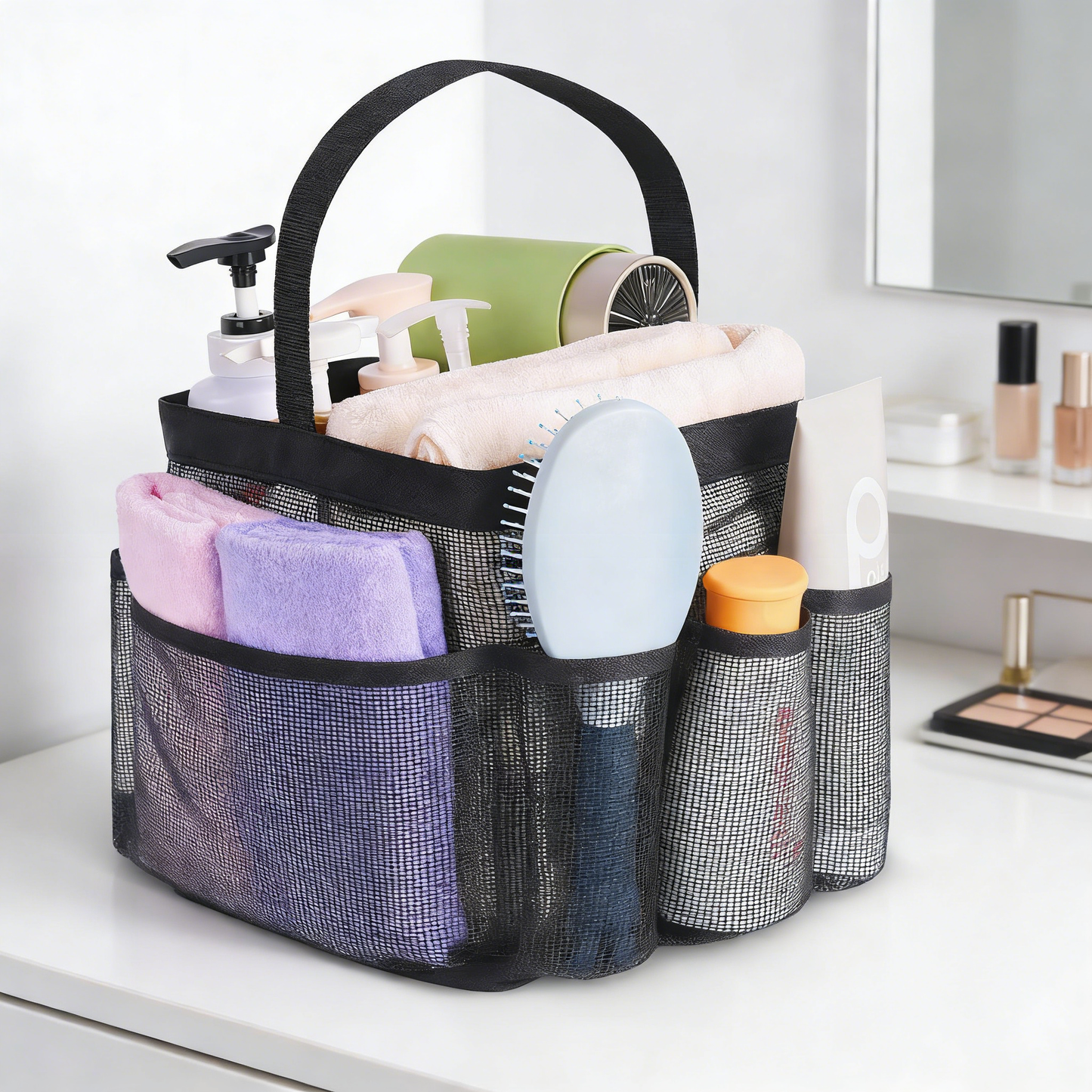 Portable Mesh Shower Caddy Tote Bag with Multiple Pockets