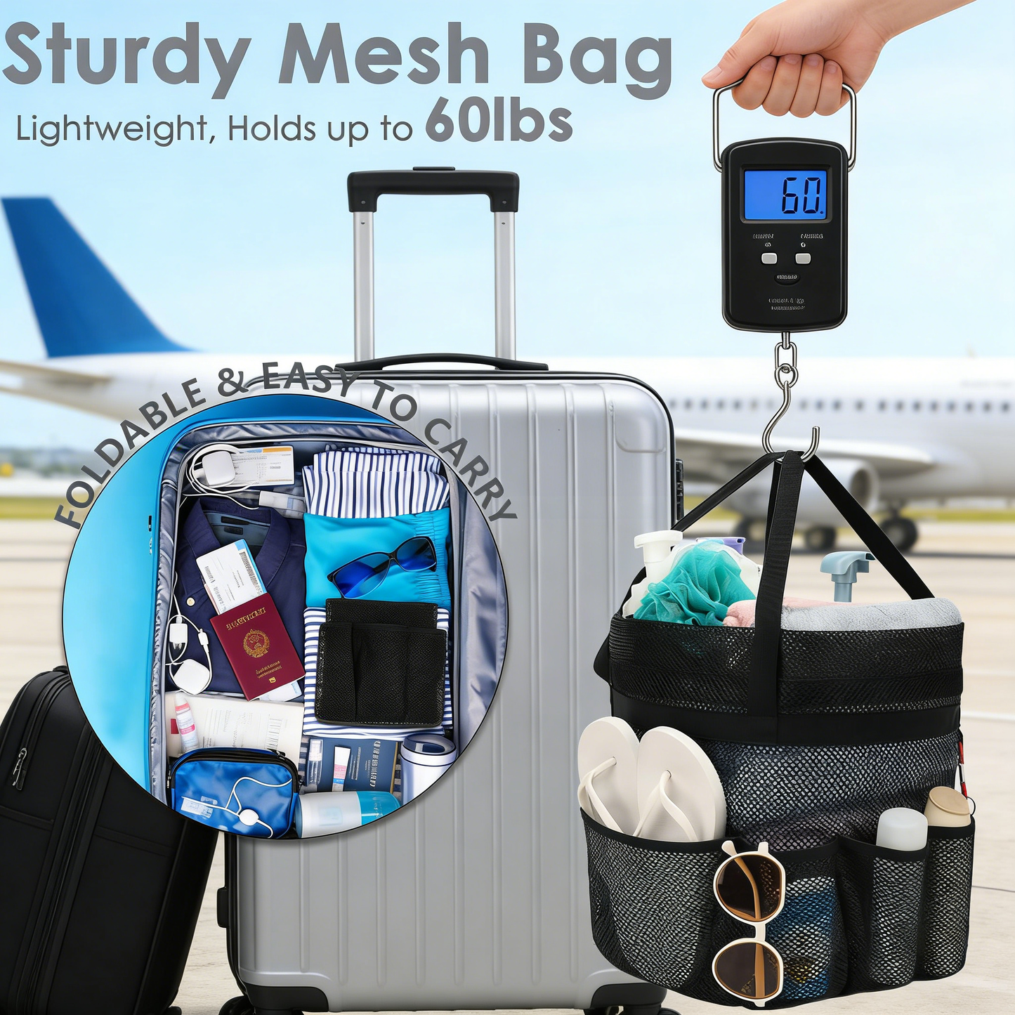 Oversized Mesh Shower Tote with 8 Pockets & Drawstring Closure