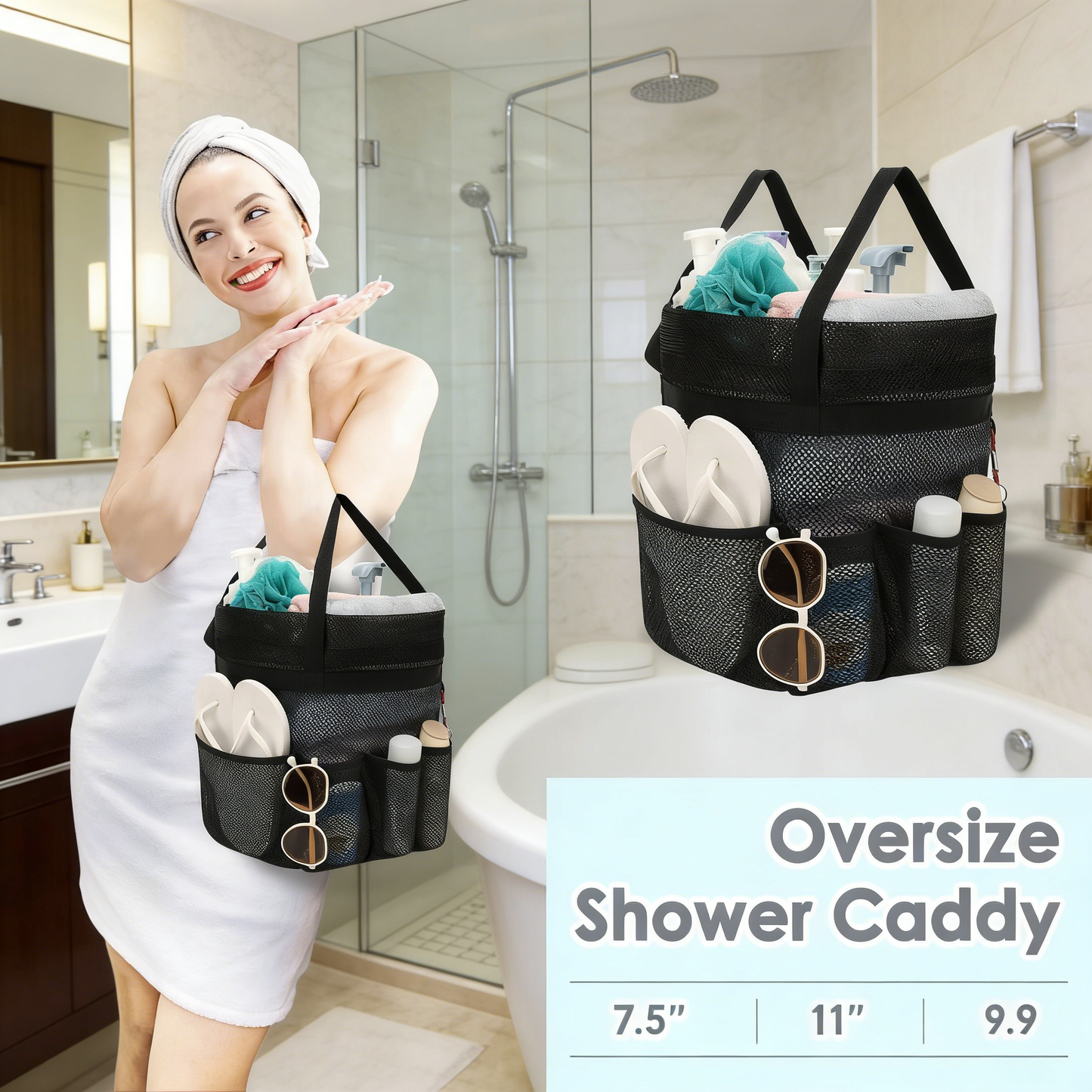 Oversized Mesh Shower Tote with 8 Pockets & Drawstring Closure